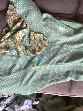 Reversible  Mint Green Polka Dot A-Line Skirt with Yellow Floral Ruffle Trim